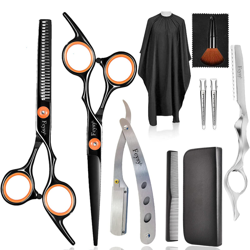Hair Scissors Thinning Shears for Hair Cutting, Fcysy Professional Barber Blending Shears Kit with Straight Edge Razor Barber Tools, Hairdressing Trimming Scissors for Men Women 11pcs Orangeblack