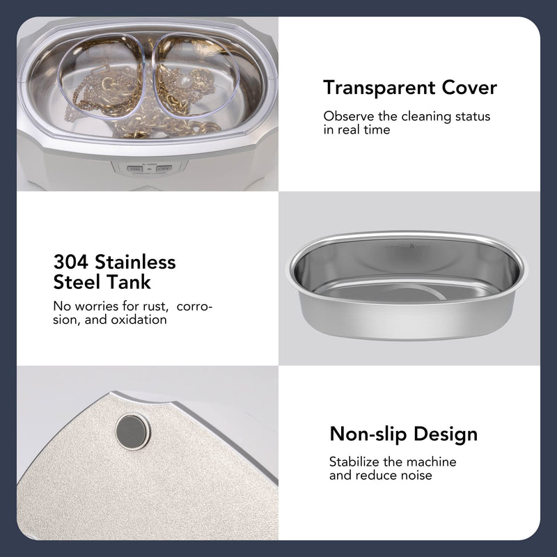 [Australia] - LifeBasis ultrasonic cleaning device 30W ultrasonic cleaner 420ml ultrasonic device 45kHz ultrasonic bath with watch stand for cleaning glasses, jewelry, watches, dentures, brush, shaving head, knife, white + silver 