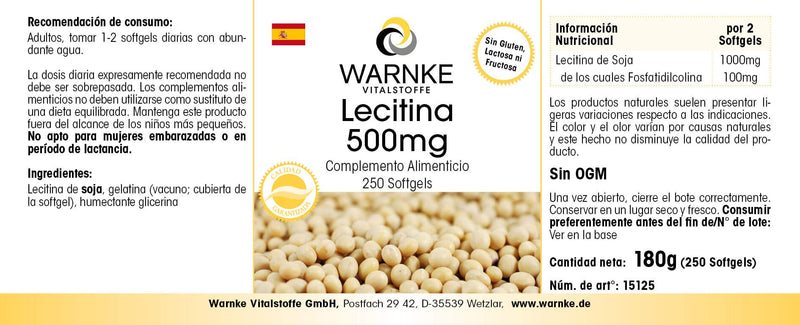 [Australia] - Lecithin 500mg - from soy - 250 softgels - GMO-free - high dosage - large pack | Warnke vital substances - German pharmacy quality 
