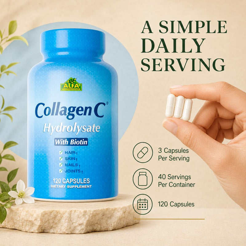 Premium Collagen Hydrolysate By Alfa Vitamins - Anti-Aging Nutritional Supplement Rich In Vitamin C - Skin, Nails & Hair Rejuvenation - Supports Bone & Muscle Health - Made In USA - 120 Capsules 120 Count (Pack of 1)
