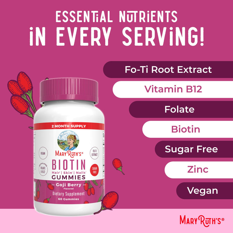MARYRUTH'S Biotin Gummies, Hair Growth, Vegan, Sugar Free, Non-GMO, 60 Ct | Sugar Free, Vegan, Non-GMO, 2,500 mcg Biotin, Hair Skin and Nails 60 Count (Pack of 1)