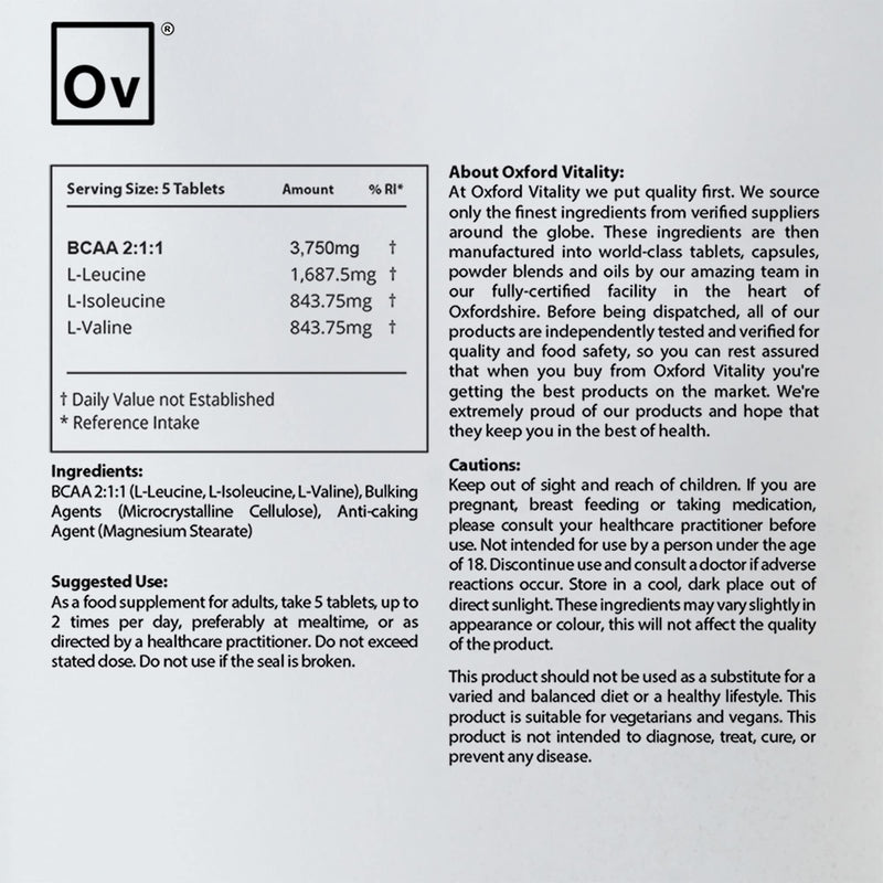 BCAA Tablets for Before and After Sports Nutrition | 2:1:1 3750mg Supplement Pills | Oxford Vitality