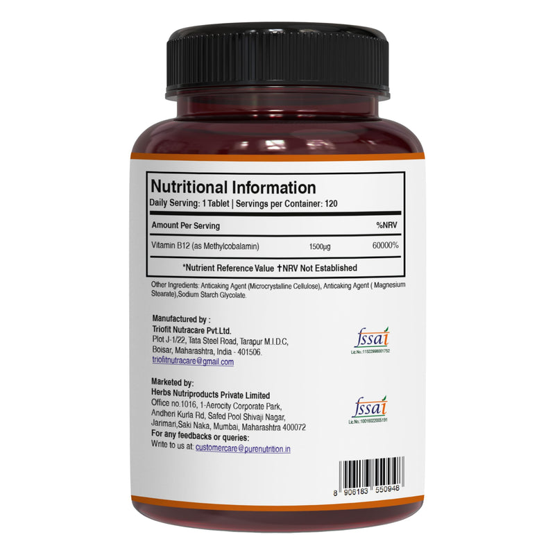 Pure Nutrition Natural Vitamin B12 1500mcg (Methylcobalamin) | 120 Veg Tabs | Vitamin B12 Supplement Helps Support Metabolism, Blood Cells, and Nerves Function* | Non GMO