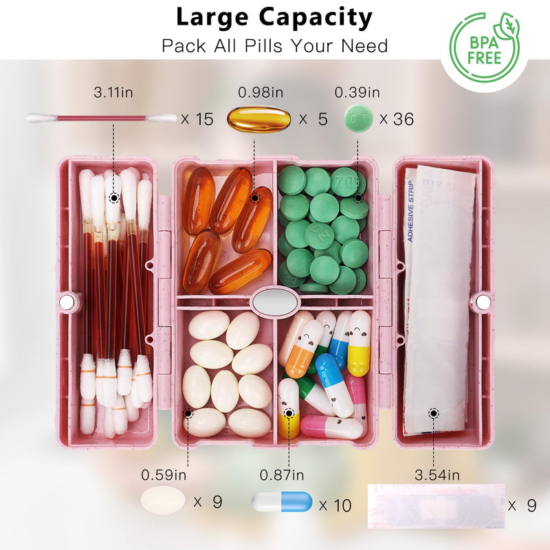 FYY Travel Pill Organizer, 6 Compartments Pill Case with Blank Lables-Pink | Easy to Use, Privacy Protection Medicine Pill Organizer for Medication, Vitamins, Fish Oils,Supplements,Cotton Swabs,Bandages Pink M