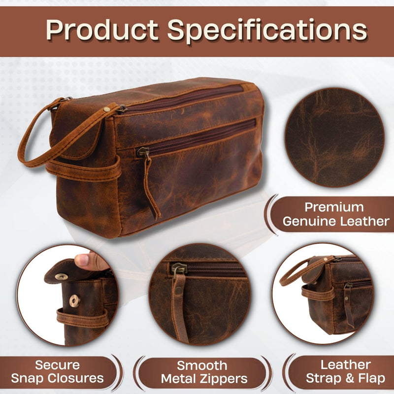 Rajeriya Premium Buffalo Leather Toiletry Bag for Men & Women With Water resistant Lining, Cosmetic Bags,Grooming Travel Pouch, Unisex Wash Bag for Toiletries, Gifts for Men and Women