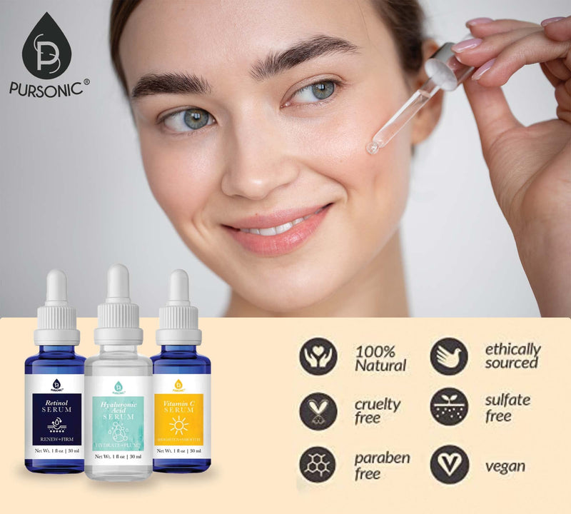 PURSONIC Anti Aging Skin Care Set of 3 - Hyaluronic Acid Serum, Retinol Serum & Vitamin C Face Serum for Women - Nourishing Hydrating Serum for Face, Smoothed Wrinkles, Dryness, Fine Lines Hyaluronic Acid, Retinol & Vitamin C Serum