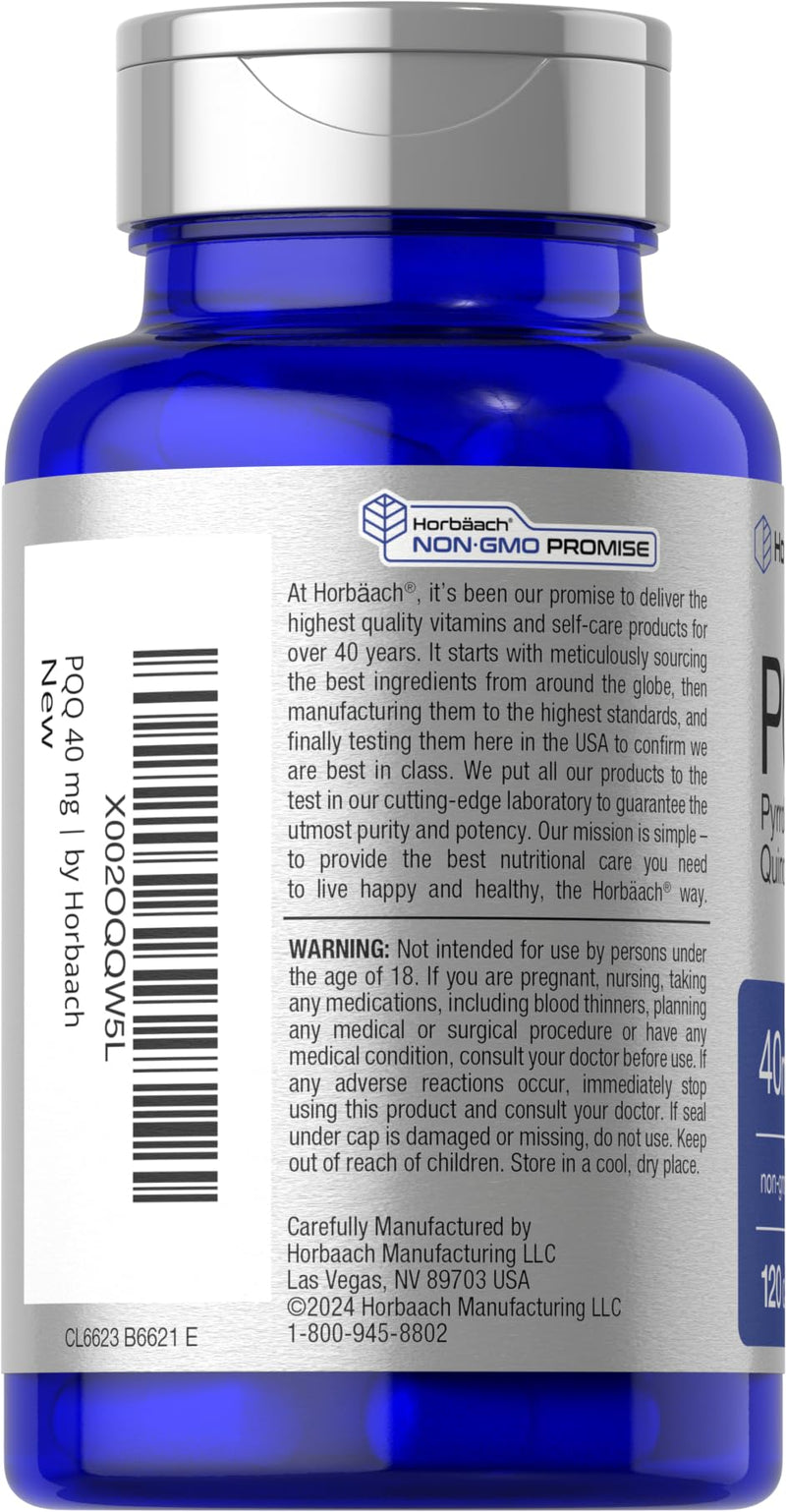 Horbäach PQQ Supplement 40 mg | 120 Capsules | Maximum Strength | Pyrroloquinoline Quinone Disodium Salt Supplement| Non-GMO and Gluten Free