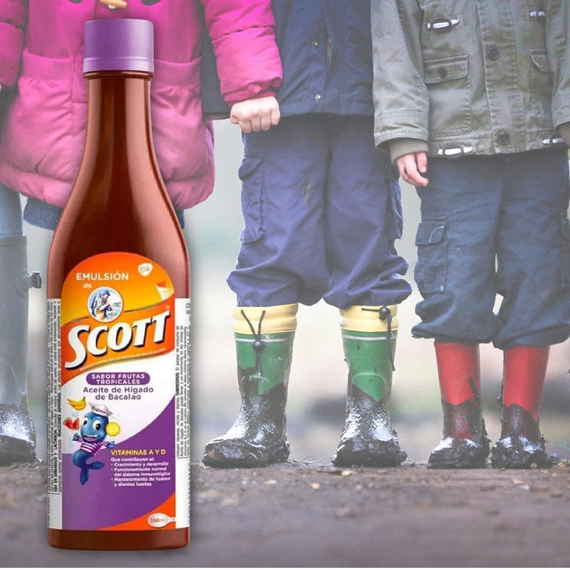 Emulsion de Scott Aceite de hígado de bacalao sabor Frutas Tropicales Pack de 2 de 6.1 fl oz - 180 ml - Suplemento dietético para niños con vitamina A y Calcio -