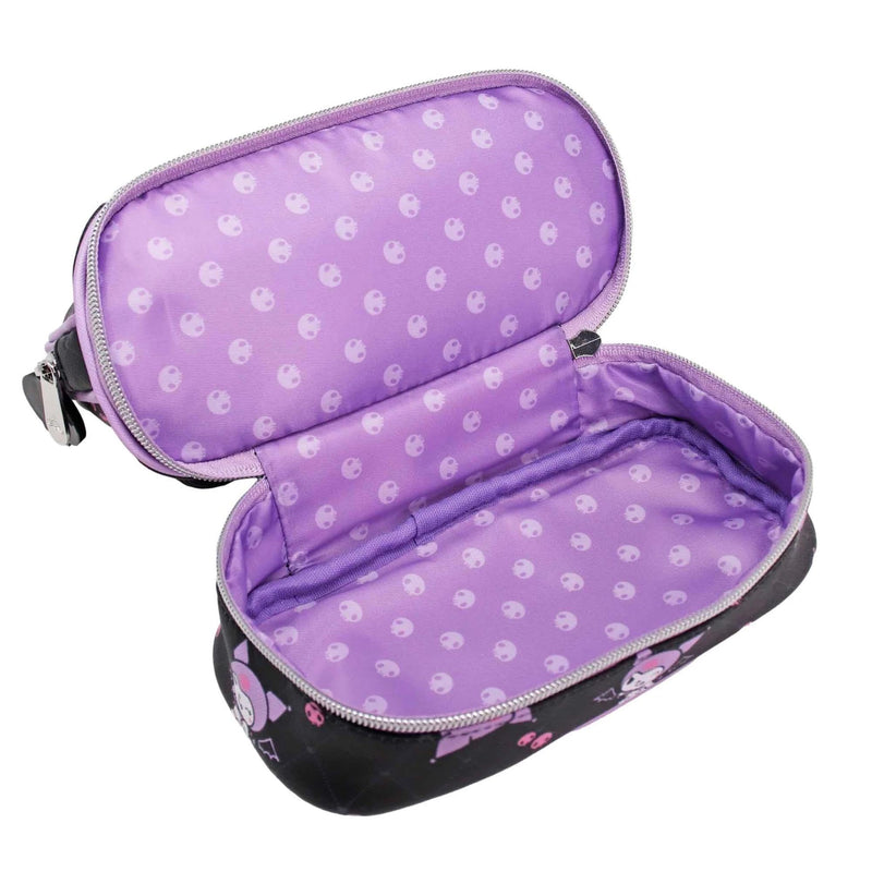 Impressions Vanity Kuromi Bundle Double Layer Travel Makeup Organizer Bag with Slip Pocket and Bottom Compartment, LED Compact Mirror with 3X Magnification, Adjustable Brightness with Figural Design