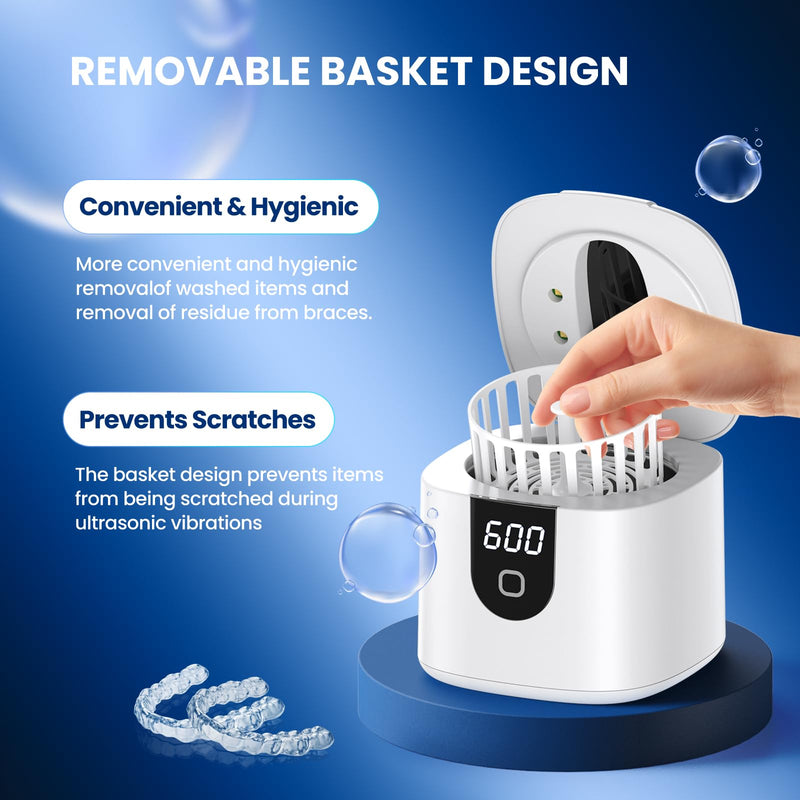 [Australia] - 45kHz Ultrasonic Retainer Denture Cleaner Machine, Fast Cleaning for Aligners, Mouth Guards, Braces, Toothbrush Heads & Jewelry, 200ML Dental Cleaning Pod, 4 Modes & Digital Timer (White) White 