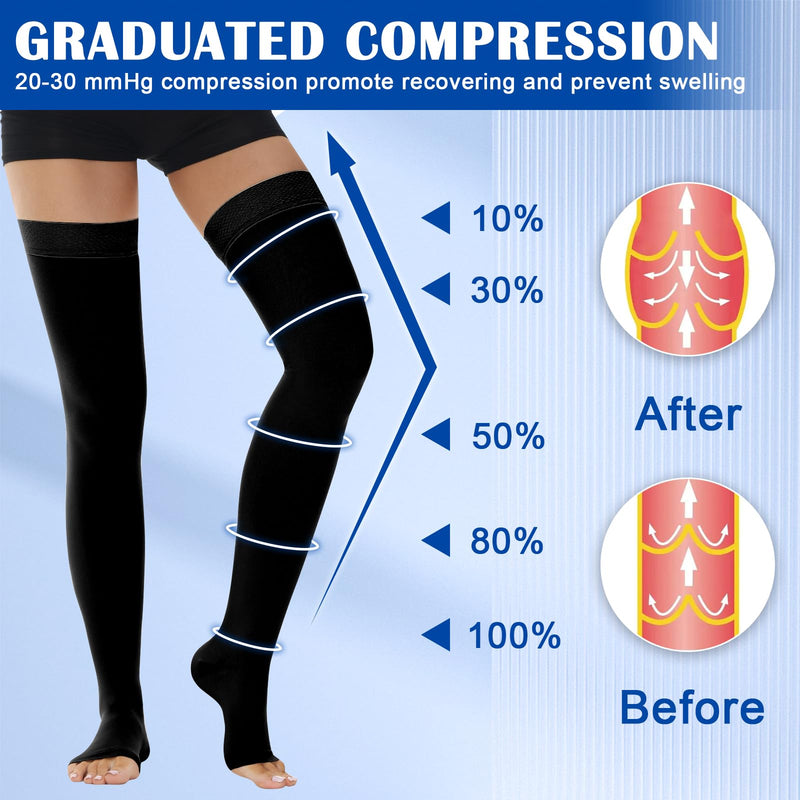 [Australia] - Ailaka Class 2 Medical Compression Stockings for Women and Men Open Toe Thigh High Graduated Compression with Silicone Band for Varicose Veins Edema Post Surgery X-Large (1 Pair) Black 
