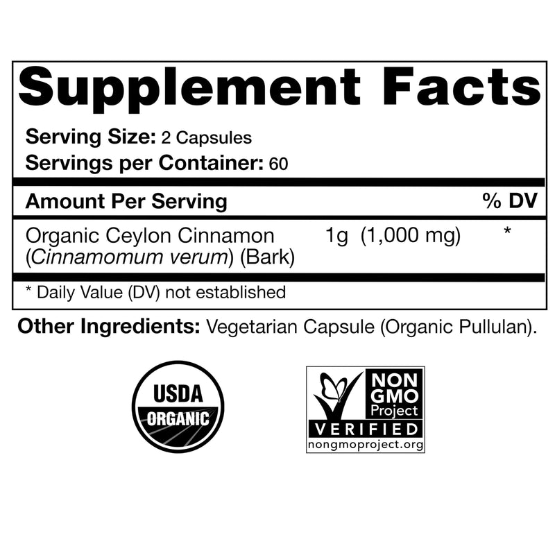 [Australia] - USDA Certified Organic Ceylon Cinnamon Capsules, Non-GMO Verified Supplement - 120 Capsules, 2 Month Supply 