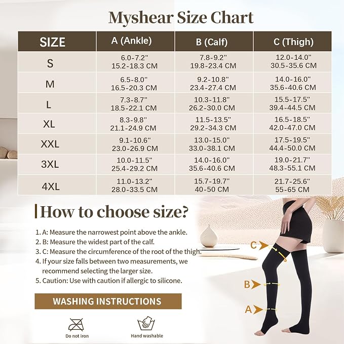 Thigh High Compression Stockings, Open Toe, Pair, Firm Support 20-30mmHg Gradient Compression Socks with Silicone Band, Unisex, Opaque, Best for Spider & Varicose Veins, Edema, Swelling, Black XXL 2X-Large