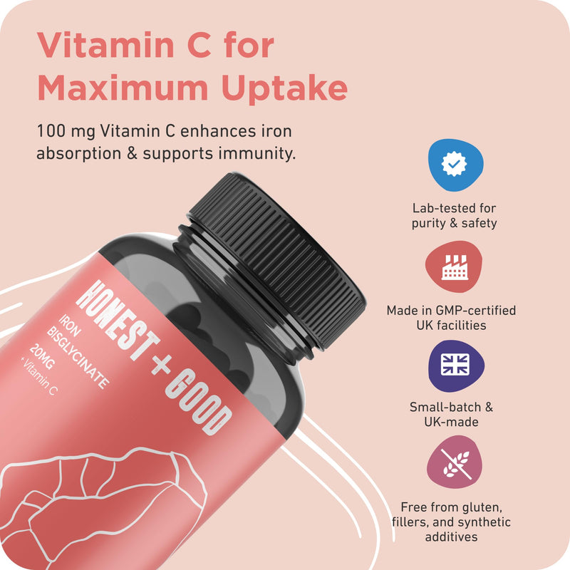 Honest + Good Iron Bisglycinate 20mg + Vitamin C 100mg | 180 (6 Months) Vegan Capsules | Chelated for High Absorption | Pure, Natural & Gentle Supplement | Energy, Immune, Skin & Joint Support