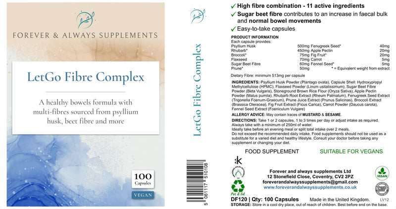 LetGo Fibre Complex, Psyllium Husk, Rhubarb, Flaxseed, Sugar Beet, Soluble & Insoluble Fibre, Vegan High Strength 500mg Per Capsule, Digestive, Gut & Bowel Support, Forever & Always Supplements