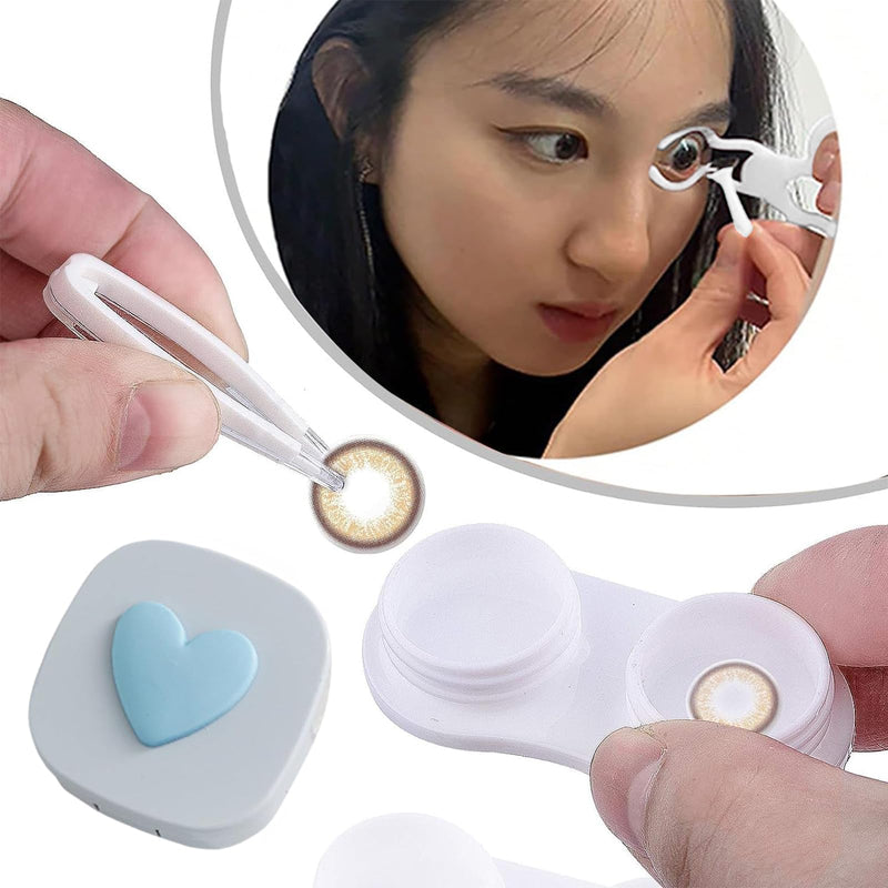 [Australia] - Yuqilin Contact Lens Case Kit 3-Piece Set, Blue Travel Set, Silica Gel Contact Lens Insertion Aid, Gift Box with Bow, for Travel, Work, Dating, Outdoor Activities 