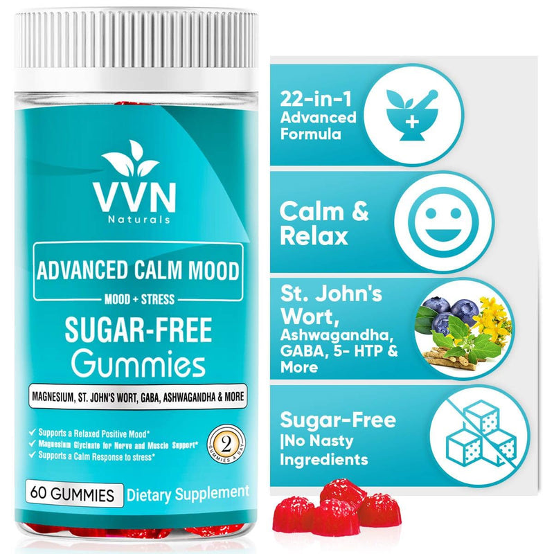 [Australia] - Sugar Free 22 in 1 Calm Mood Gummies St. John's Wort, 5-HTP, GABA, Ashwagandha| Magnesium Glycinate Gummies | Non-GMO, Natural Support Stress & Relaxation, Mood & Energy | Vegan, 60 ct. 