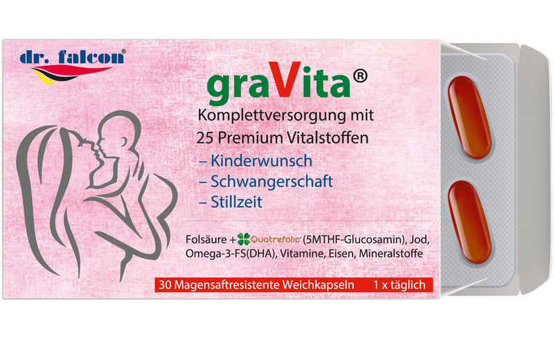 [Australia] - dr. falcon graVita – 25 nutrients for the desire to have children, pregnancy and breastfeeding - 30 capsules | contains folic acid, quatrefolic, omega-3, DHA, vitamin D3 + K2, iodine, iron, selenium 