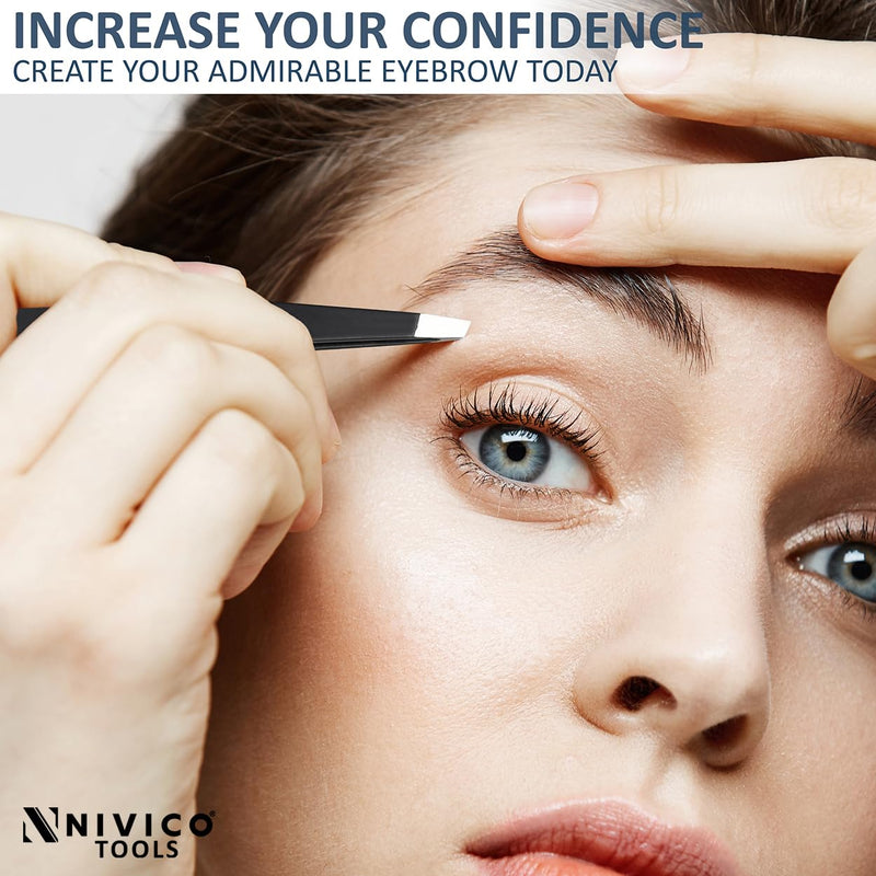 NIVICO Tweezers Set with Leather Pouch – Professional Stainless Steel Tweezers for Eyebrows Precision Facial Ingrown Hair Removal (Black)