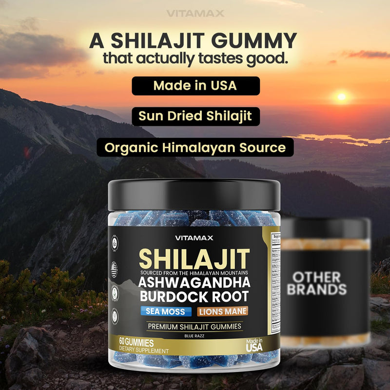 [Australia] - Organic Shilajit Gummies, Sea Moss, Ashwagandha, 105+ Trace Minerals ‚Äì Organic Burdock Root & Lions Mane Mushroom - Blue Razz ‚Äì Vegan & Non-GMO ‚Äì Made in USA ‚Äì 60ct 