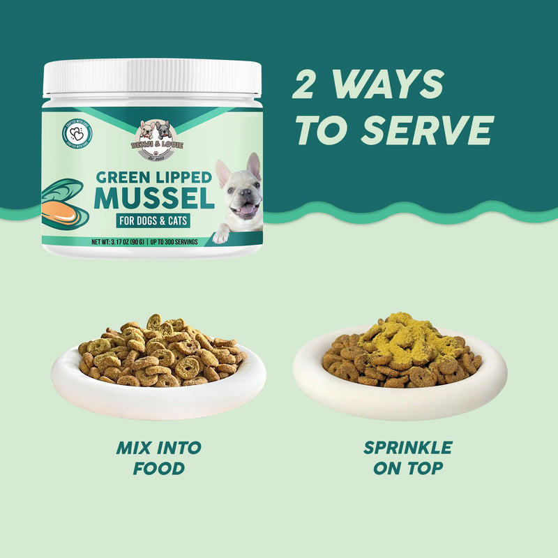 Benji & Louie Green Lipped Mussels Powder for Dogs and Cats 3.17 oz (90g) - 300 Servings - Sourced from USA - Rich in Omega-3 Fatty Acids for Joint, Skin & Coat Health, Made in USA - PawsPlanet Australia