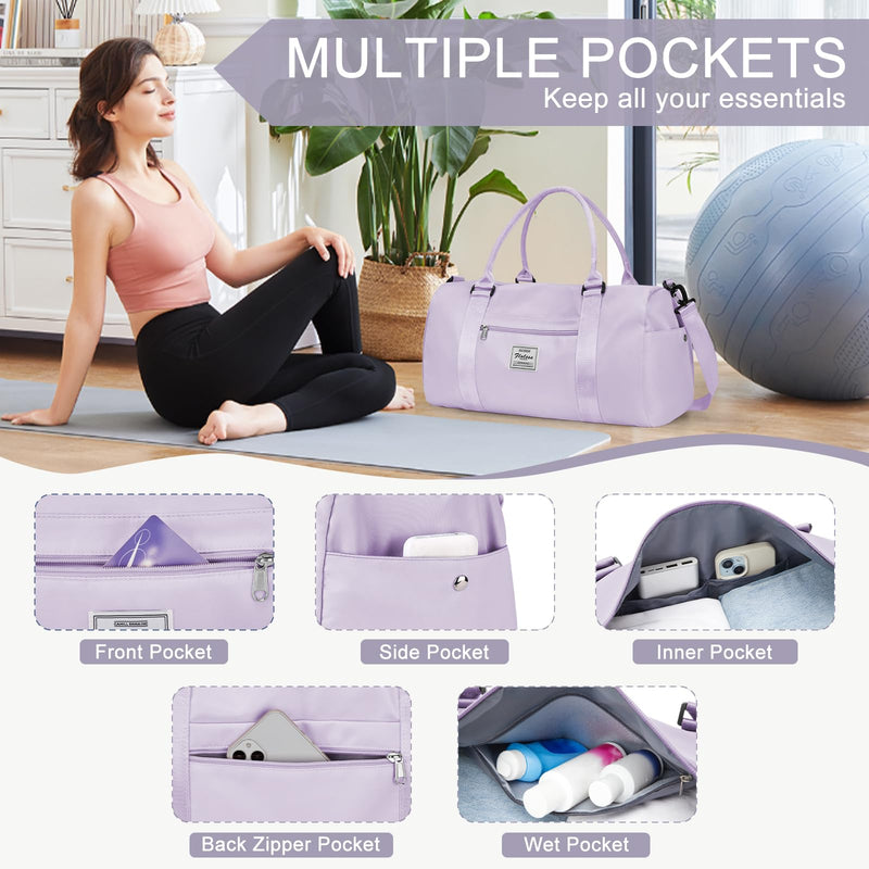 Gym Bag for Women Men with Shoes Compartment,Sports Duffle Bag Personal item travel Duffel Bags Tote Bag Small Carry on Weekender Overnight Bag Workout Dance Bag Hospital Holdalls Light Purple A13-Light Purple