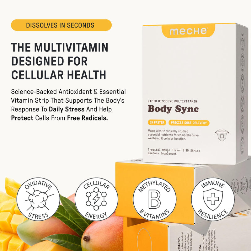 Meche Body Sync™ | Rapid Dissolve Daily Multivitamin Strips (30 Count) | Precise Dose Delivery, High Bioavailability with Vitamins A, C, D3, K2, Methylated B12 Complex & Folate, All Ages & Genders
