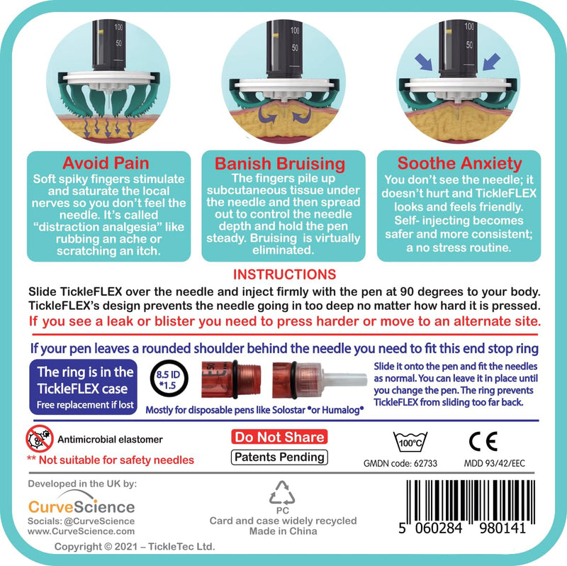 [Australia] - Insulin Pen Needle Injection Aid - Patent Pending Award Winning Universal Fit Add-on for Standard Pen Needles for Reducing Pain, Bruising and Anxiety (TickleFlex) TickleFlex 