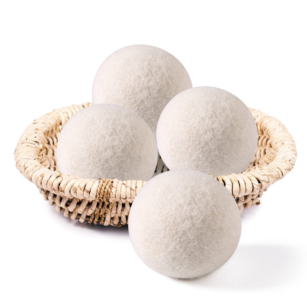 Wool Dryer Balls Organic 4 Pack XL,Laundry Dryer Balls,100% New Zealand Wool Natural Fabric Softener,Reusable 1000 Loads,Shorten Drying Time & Reduces Wrinkles,Baby Safe(4 Pack) White