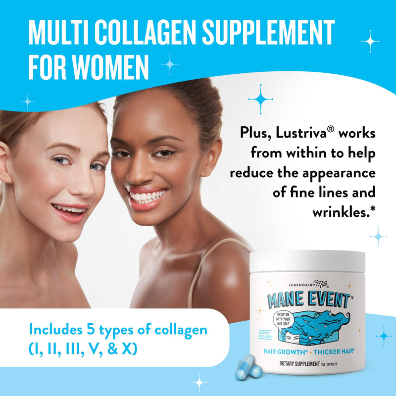 Legendairy Milk Mane Event Hair Growth Vitamins with Lustriva, 60 Capsules | Clinically studied Lustriva® with collagen and biotin to support healthy-looking hair, skin and nails for women. 60 Count (Pack of 1)