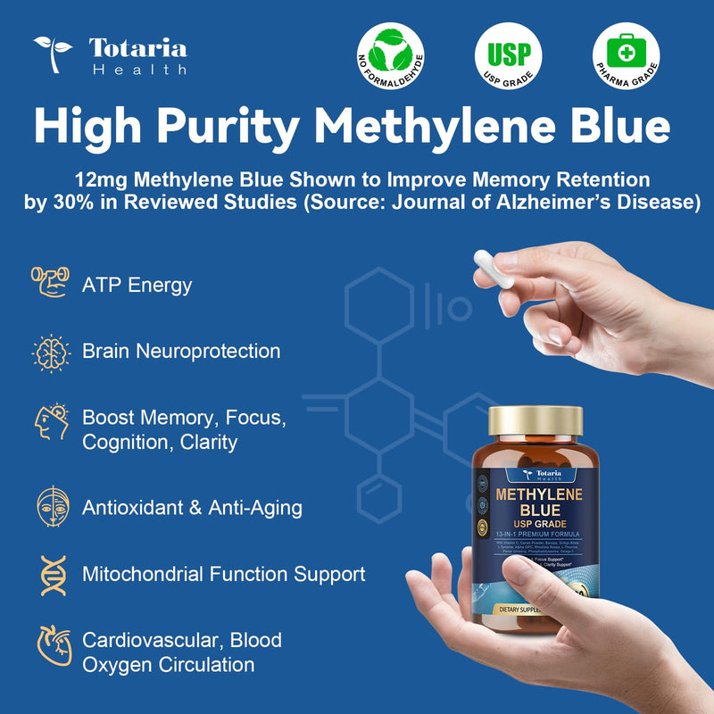 USP Methylene Blue Pharmaceutical Grade, Vitamin C Ester, Bacopa, Phosphatidylserine, Omega-3 Fatty Acids - 13 in 1 Upgrade Patented Brain Formula - Memory, Focus, Clarity, Cognitive, 120 Count 120 Count (Pack of 1)
