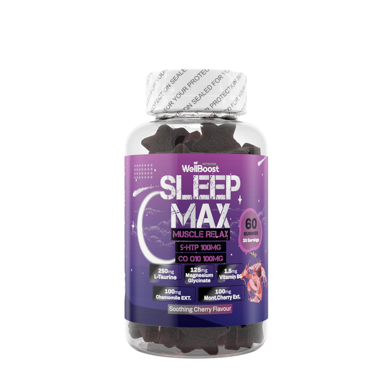Sleep Max 5 HTP, Co Q10, L-Taurine, Magnesium, Chamomile Extract, Mont Cherry Extract and Vitamin B6 with Soothing Cherry Flavour Gummies