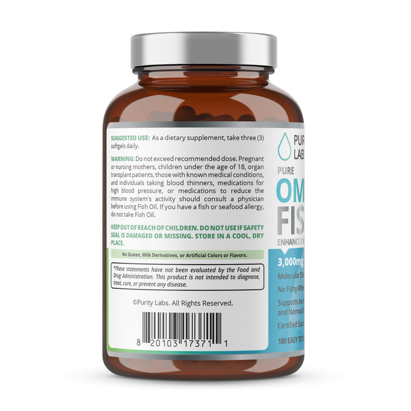[Australia] - Purity Labs Omega 3 Fish Oil 3000mg – DHA & EPA Omega 3 Fatty Acid Supplements to support Heart and Brain Health - Immune Support Supplement - 180 Softgels (60 Servings) 1 