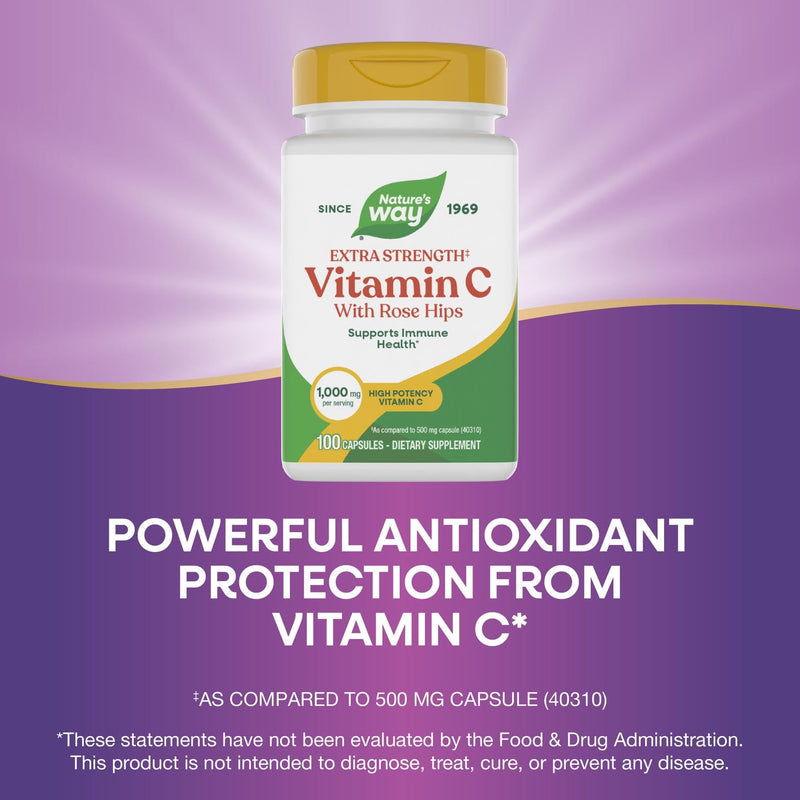 Nature's Way Vitamin C with Rose Hips Extra Strength (1)- Supports Collagen Production & Healthy Immune Function* - 1000 mg per Serving - Dairy-Free & Gluten-Free - 100 Count (100 Servings) 100 Count (Pack of 1)