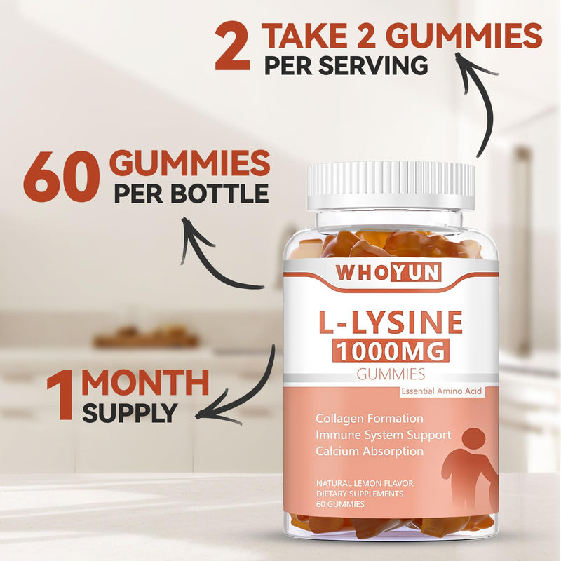 [Australia] - L-Lysine 1000mg Gummies, Chewable Lysine Supplement for Adults, Immune Support, Collagen Formation Support, Lemon Flavor, 60 Count 60 Count (Pack of 1) 