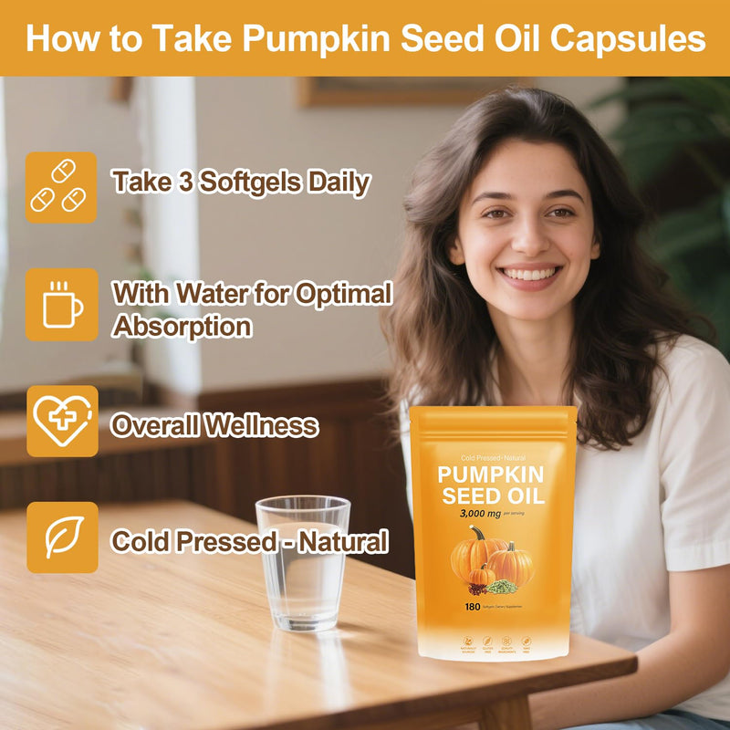 [Australia] - J-PRQ Pumpkin Seed Oil with Saw Palmetto- 180 Softgels - 3000mg -Cold Pressed - Pure Virgin Oil - Essential Fatty Acids & Phytosterols - Supports Hair - Urinary - Bladder & Prostate Health - Non-GMO 