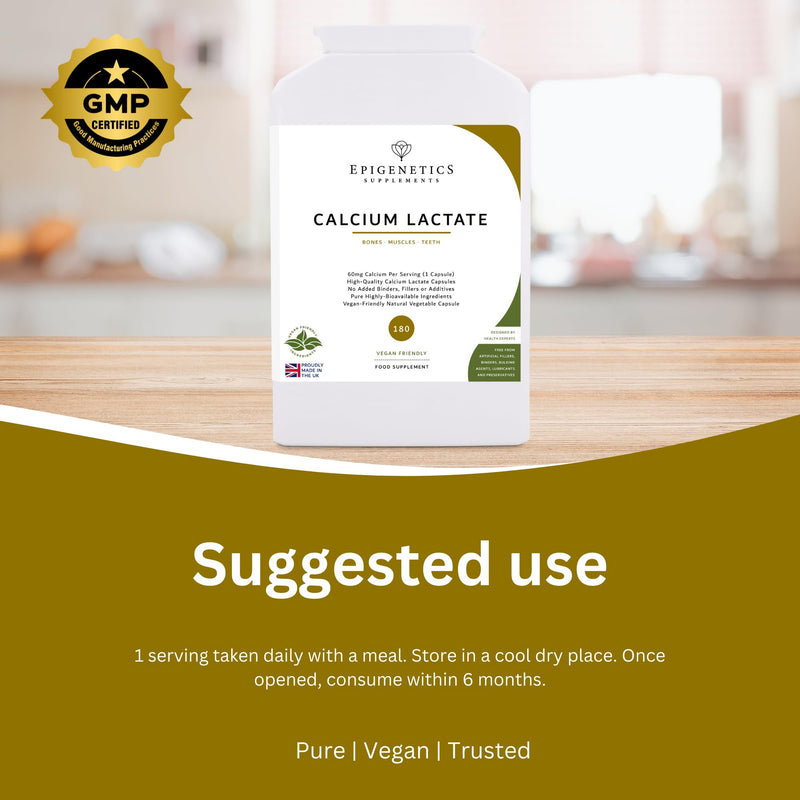 Calcium Lactate | Calcium 60mg Pure Capsule | Bone & Skeletal Health | 180 Vegan Capsules UK Made | 1 Capsule Daily (6 Month Supply), Natural Ingredients