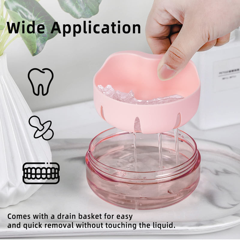 Leak Proof Denture Cup Kit Portable Retainer Case Perfect for Travel, Denture Case Container Cleaning Care for Dentures Aligner Mouth Guard with Denture Brush,Strainer, Removal Tool and Mirror Pink