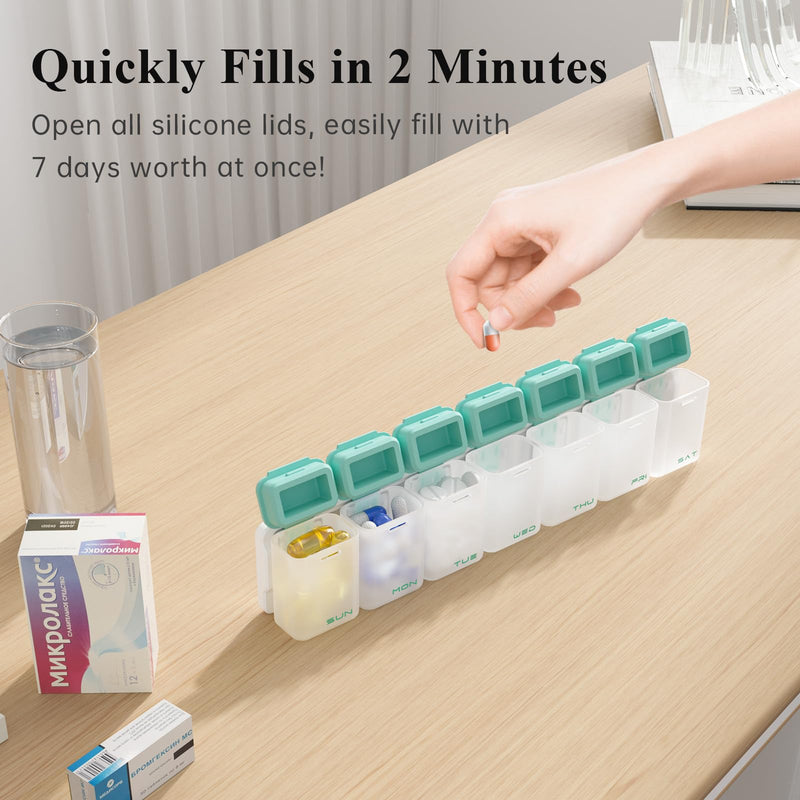 KOVIUU Weekly Pill Organizer, Magnetic Medicine Vitamin Case 1 Time a Day | Week Once Daily Supplement Box, Removable Medication Container Holder for Fridge, 7 Day Large Travel Pill Dispenser, Cyan