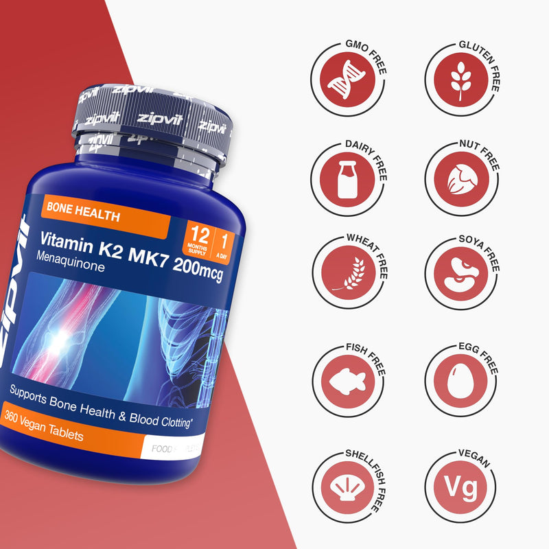 Zipvit Vitamin K2 MK7 200mcg, High Strength K2 Vitamin Supplement, Supports Heart & Bone Health, 360 Vegan Tablets, 12 Months Supply 360 Tablets