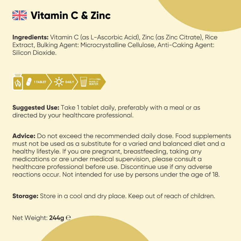 Vitamin C and Zinc Supplements - 6 Months Supply - 180 Tablets - 1 per Day - 1000mg L-Ascorbic Acid & 10mg Zinc Citrate - Vegan-Friendly & Non-GMO - Vitamin C Tablets for Men & Women