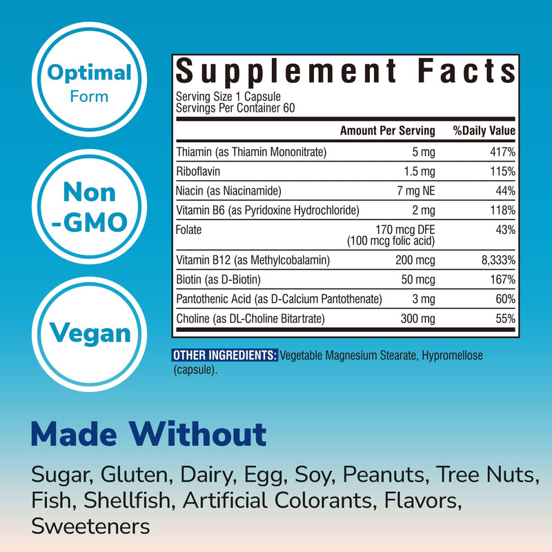 Vitalibre Choline Bitartrate 300mg Supplements, with Folate, Methyl B12, Niacinamide, Non-GMO Bioavailable Complex, Energy, Brain, Liver Support, 60 Vegan Caps