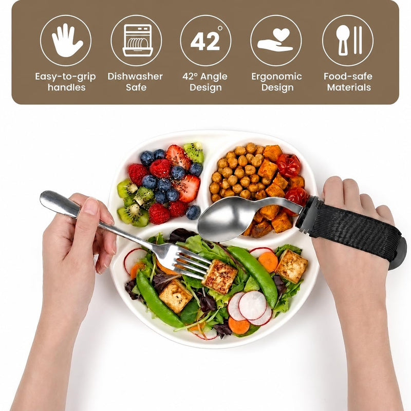 3 Pcs Right Handed Adaptive Cutlery for Adults, Angled Spoon and Fork with Fixing Strap - Easy Grip Disabled Cutlery for Arthritic Hands, Parkinson’s, Hand Tremors & Elderly