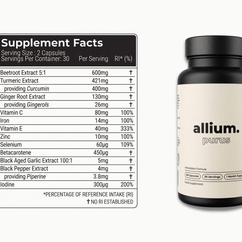 Allium Purus Antioxidant & Immunity Supplement – 60 Capsules with Beetroot, Turmeric, Ginger & Aged Black Garlic – Formulated for Systemic Wellness and Daily Vitality - GMP - Vegan - Non GMO