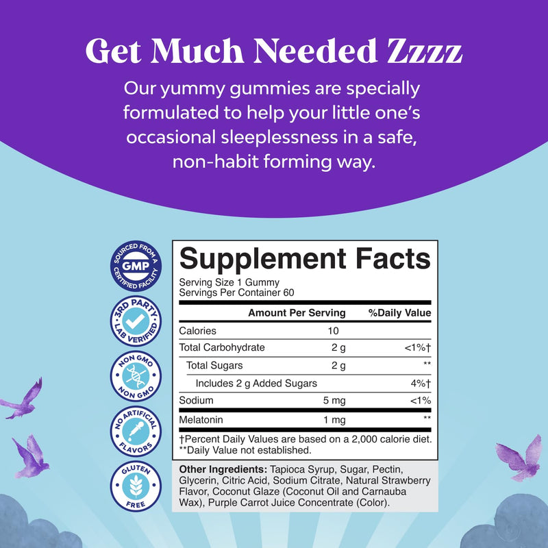 Kids Melatonin Gummies 1mg for Sleep Support, Strawberry - 60 count | Kids melatonin sleep support gummies 1mg with mood support; tummy-friendly, strawberry flavor