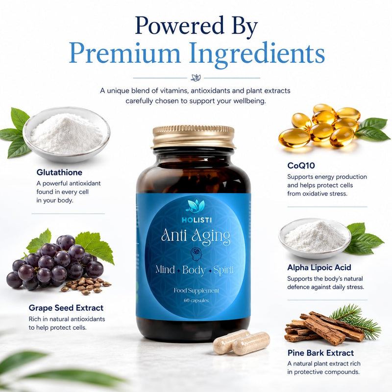 Anti Ageing Supplement | CoQ10, Glutathione & Vitamin C | Made in UK | Vegan Capsules | 30 Day Supply | 15-in-1 Complex | Antioxidant Formula