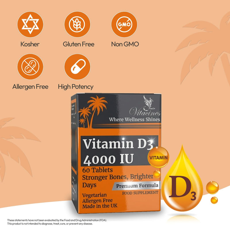 Vitamin D3 4000 IU Tablets | 60 Tablets | Vegetarian, Halal & Kosher Certified | Allergen Free, Gluten Free, Non GMO | Immune, Bone & Muscle Support | Made in The UK | 2 Month Supply