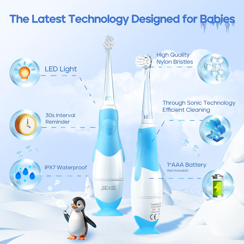 [Australia] - SEAGO Toddler Electric Toothbrushes for Baby Ages 0-3 Years, Baby Toothbrush with Smart Timer and Suction Base, 4 Replacement Brushheads (Blue-C) Blue-c 