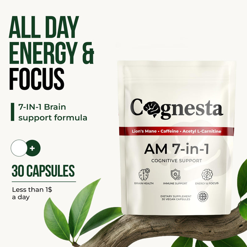 AM 7-in-1 Nootropic Brain Supplement | Support Cognitive Function, Focus & Mental Performance | with Lion’s Mane, Caffeine (125 mg) & Acetyl L-Carnitine | 30 Vegan Capsules | UK Made
