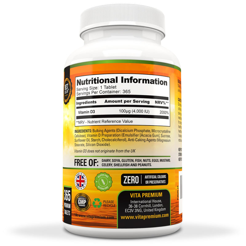 Vitamin D 4,000 IU Tablets, Maximum Strength Vitamin D3 Supplement, 365 Easy to Swallow Tablets - Full Year Supply